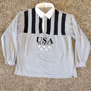 USA Olympic Mens Large Gray Black Striped Long Sleeve Rugby Shirt Vintage Logo